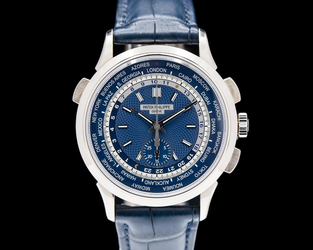 Patek Philippe World Time 5930G Chronograph 18k White Gold Blue Dial