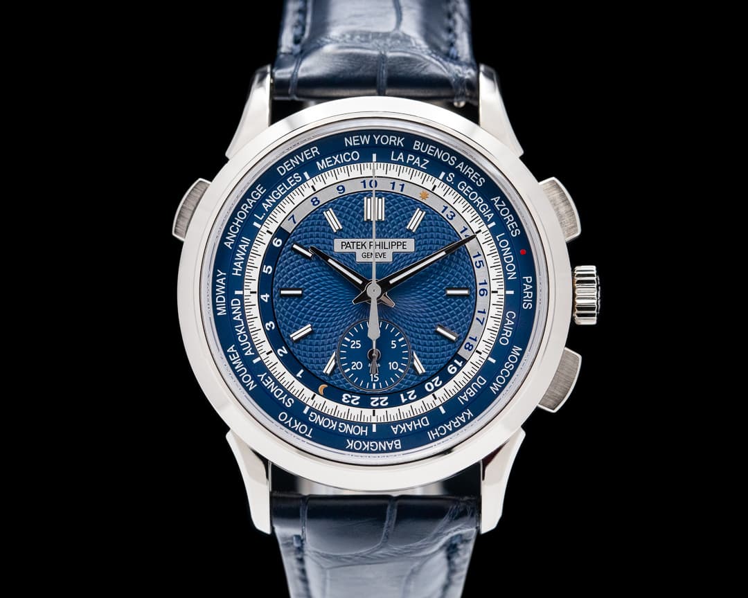 Patek Philippe World Time 5930G Chronograph 18k White Gold Blue Dial