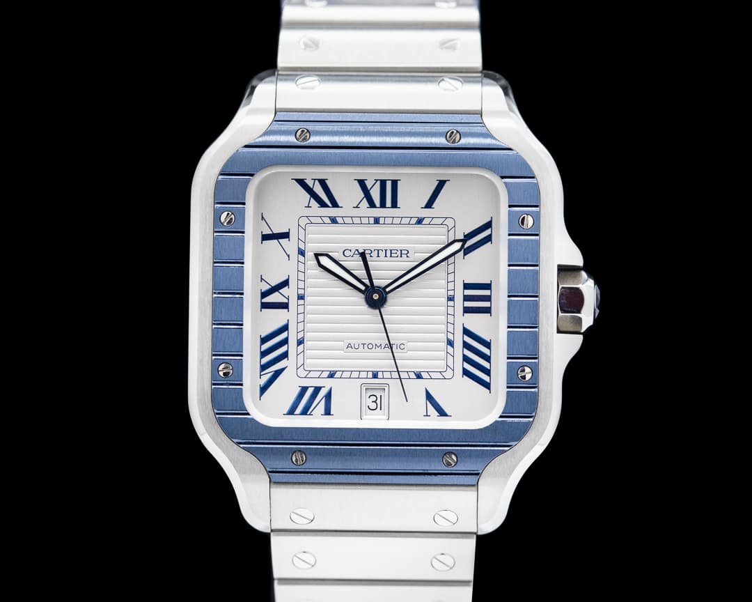 Cartier Santos Large SS / SS White Dial Blue Bezel Automatic 2022