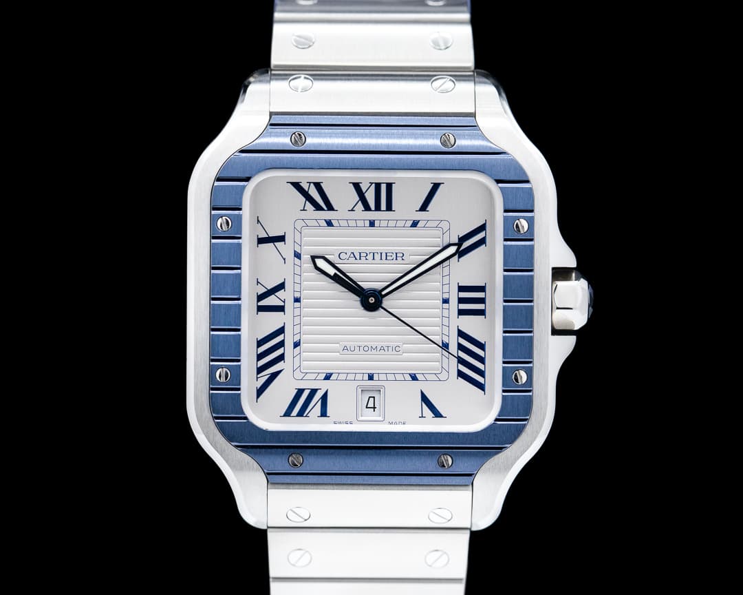 Cartier Santos Large SS / SS White Dial Blue Bezel Automatic 