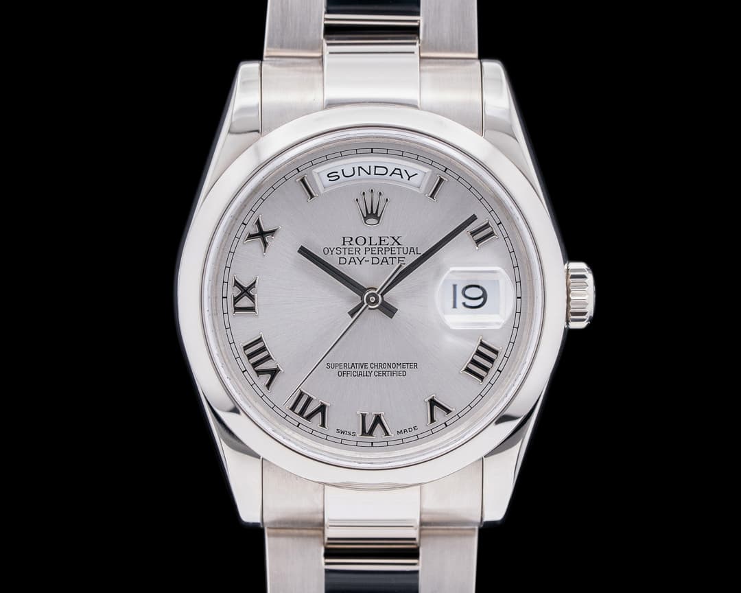 Rolex Day Date Oyster Perpetual grey sunburst Roman 18K White Gold