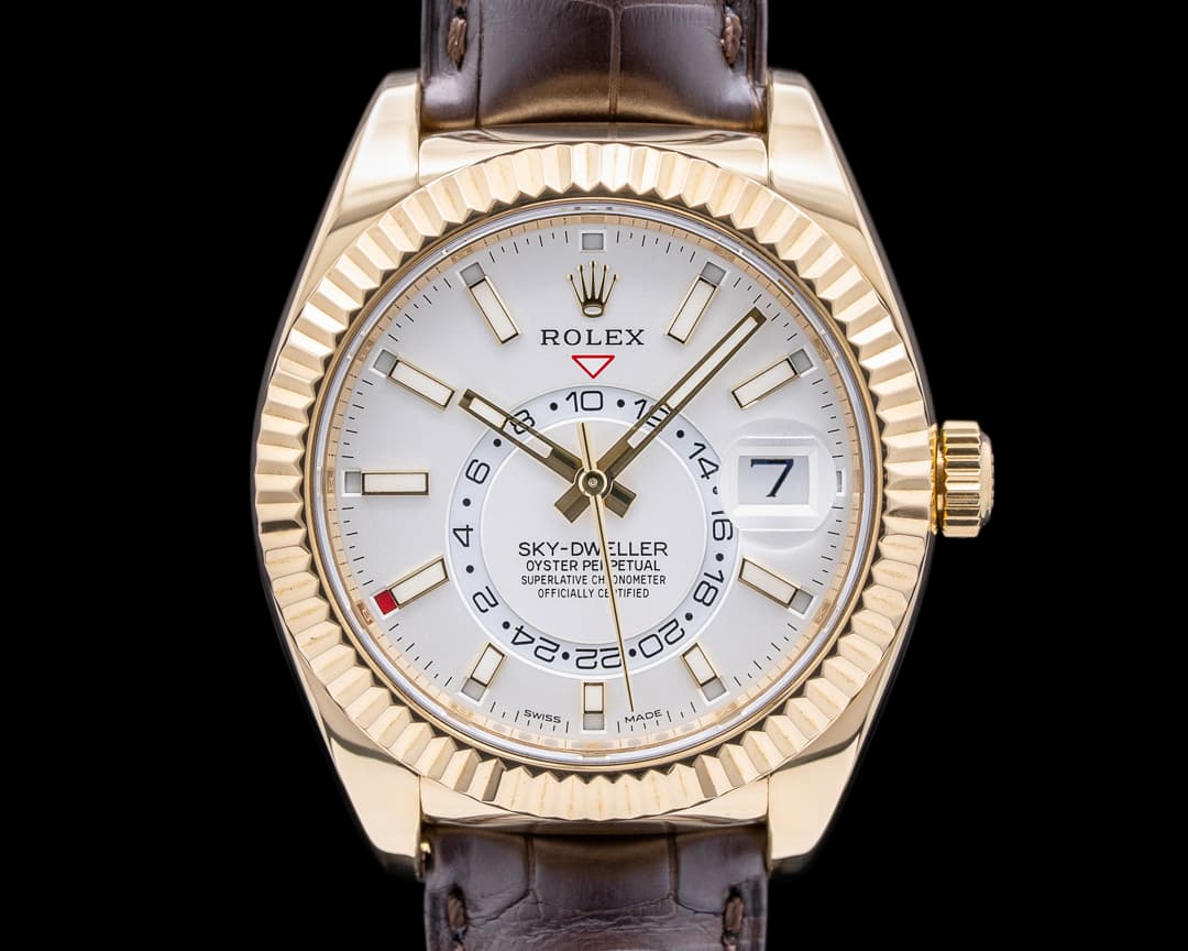 Rolex Sky Dweller Silver Dial 18k Yellow Gold / Alligator  