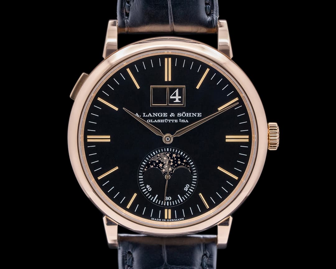 A. Lange and Sohne Saxonia Moon Phase Automatik 18K Rose Gold / Black Dial 