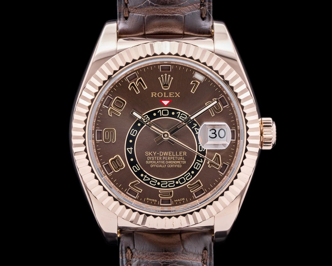 Rolex Sky Dweller Chocolate Dial Rose Gold / Alligator  
