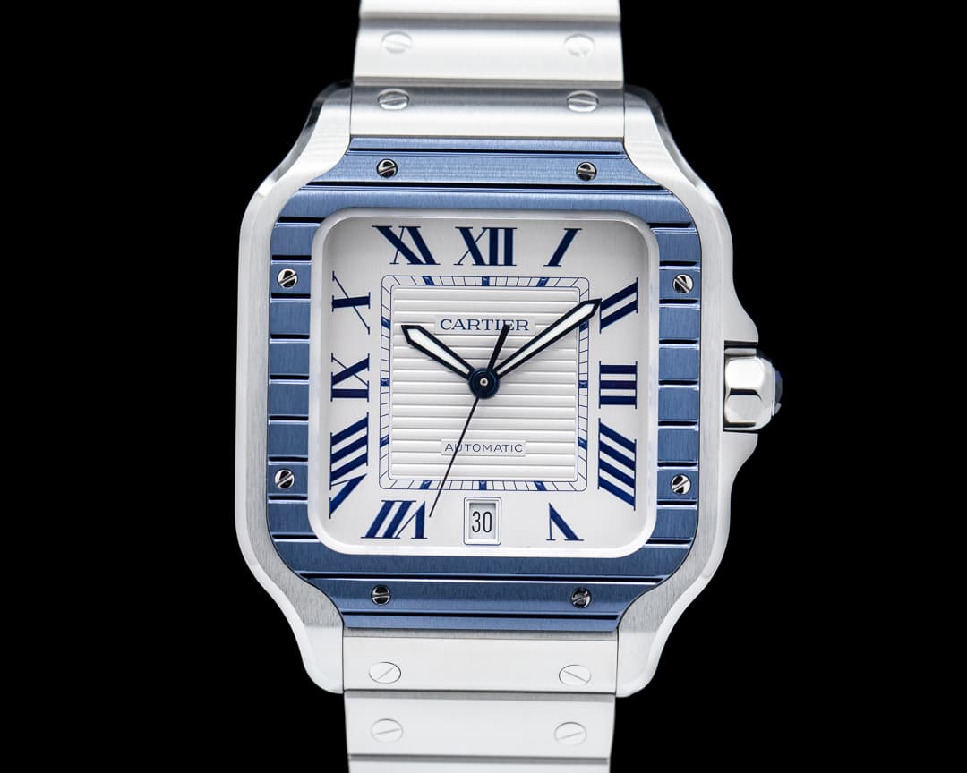 Cartier Santos Large SS / SS White Dial Blue Bezel Automatic 