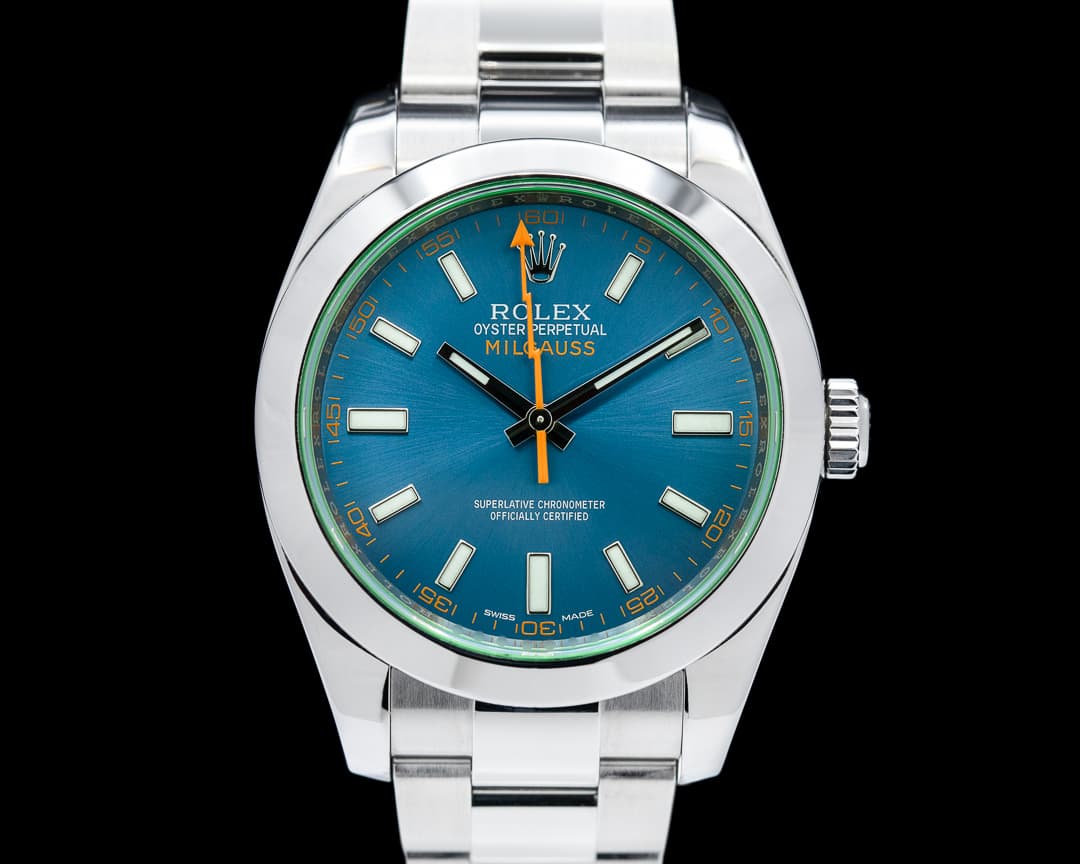 Rolex Milgauss Blue Dial Green Crystal 