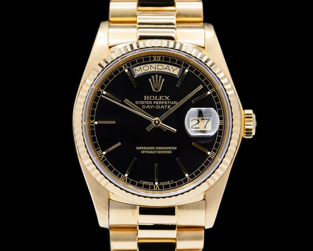 Rolex Day Date 18038 Black Dial Yellow Gold c. 1988 Full Set
