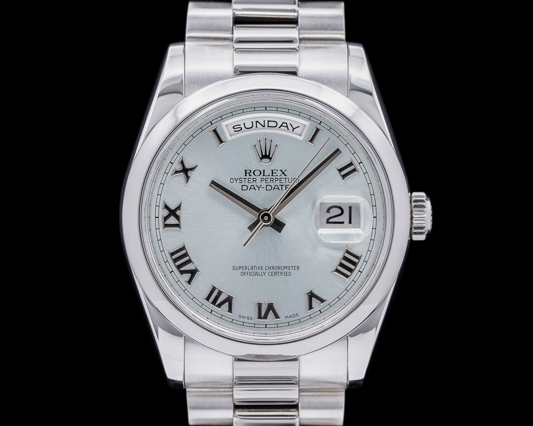 Rolex President 118206 Platinum Glacier Roman Dial