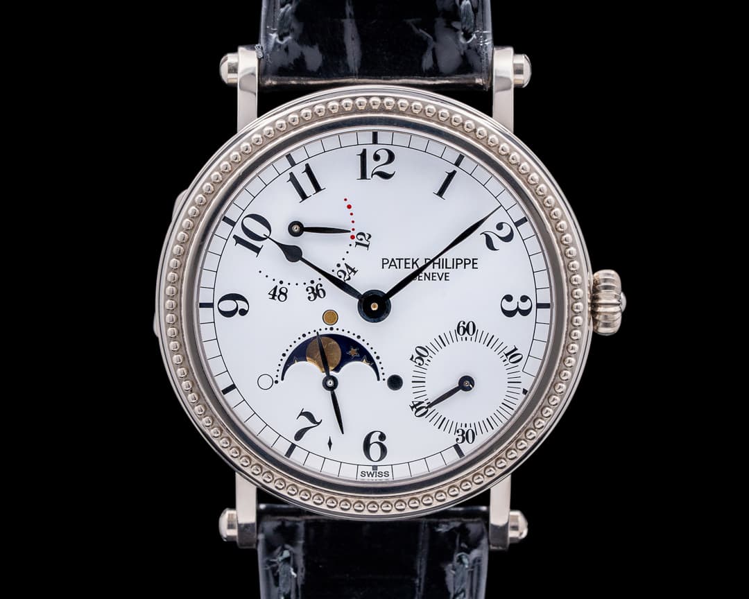 Patek Philippe Moonphase 5015G Power Reserve White Gold Hobnail Bezel