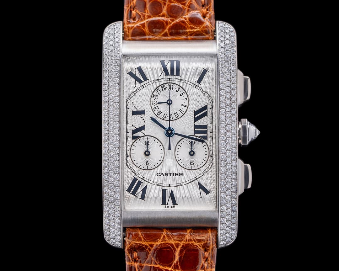 Cartier Tank Americaine Chronograph 18K White Gold Factory-set Diamond Bezel