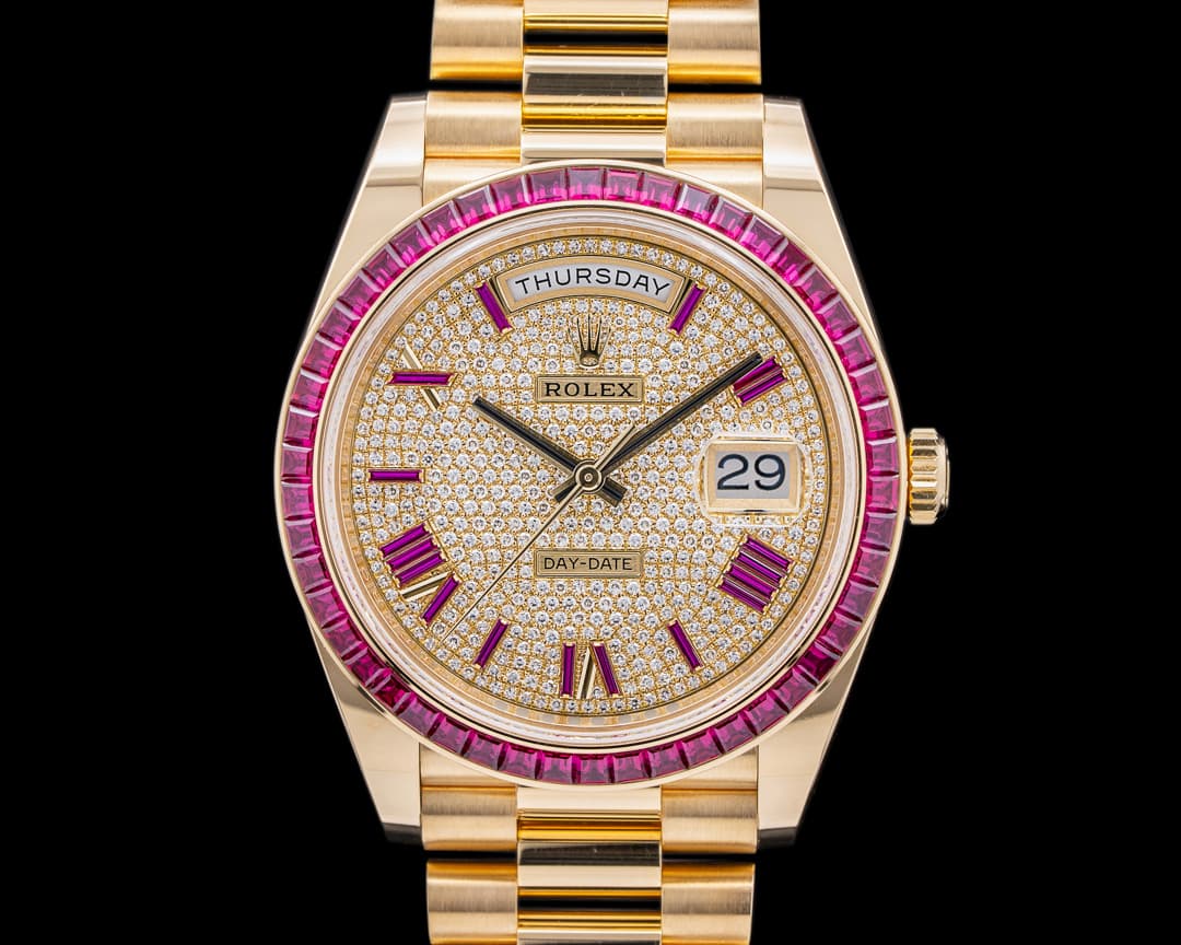 Rolex Day Date President 228398TRU 18K YG Pave / Ruby Dial