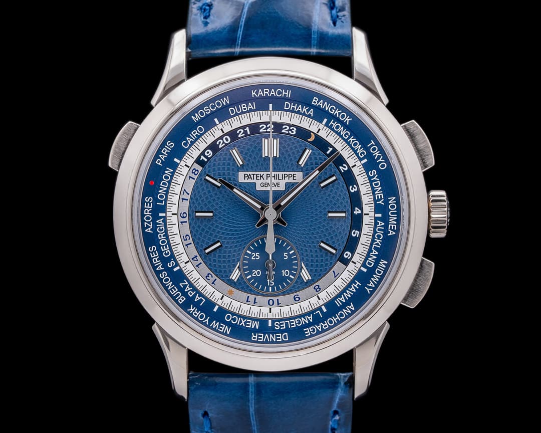 Patek Philippe World Time 5930G Chronograph 18k White Gold Blue Dial 