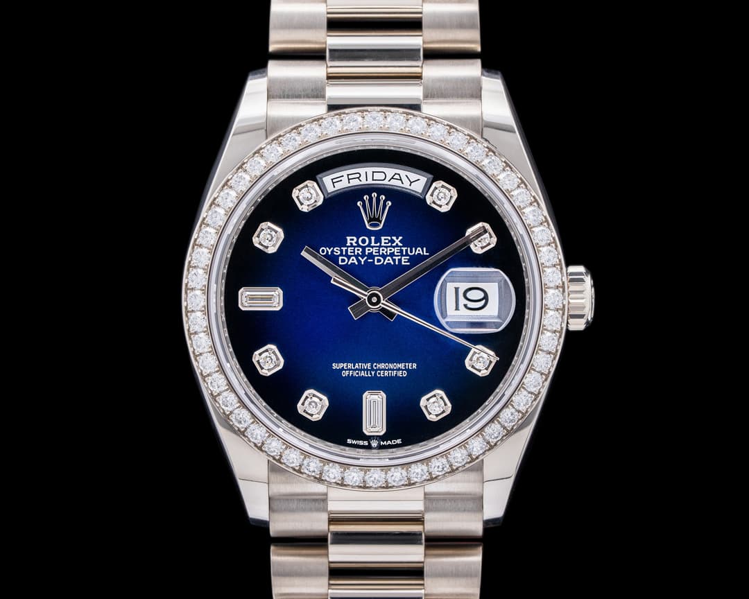 Rolex Day Date President 128349RBR 18K WG / Blue Dial Diamond Bezel