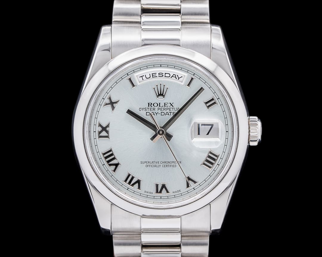 Rolex President 118206 Platinum Glacier Roman Dial