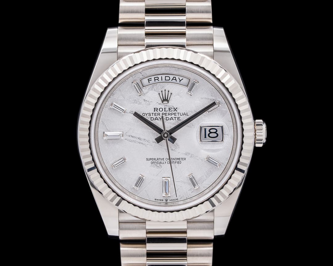 Rolex Day Date 228239 President 18K White Gold Meteorite Baguette Dial