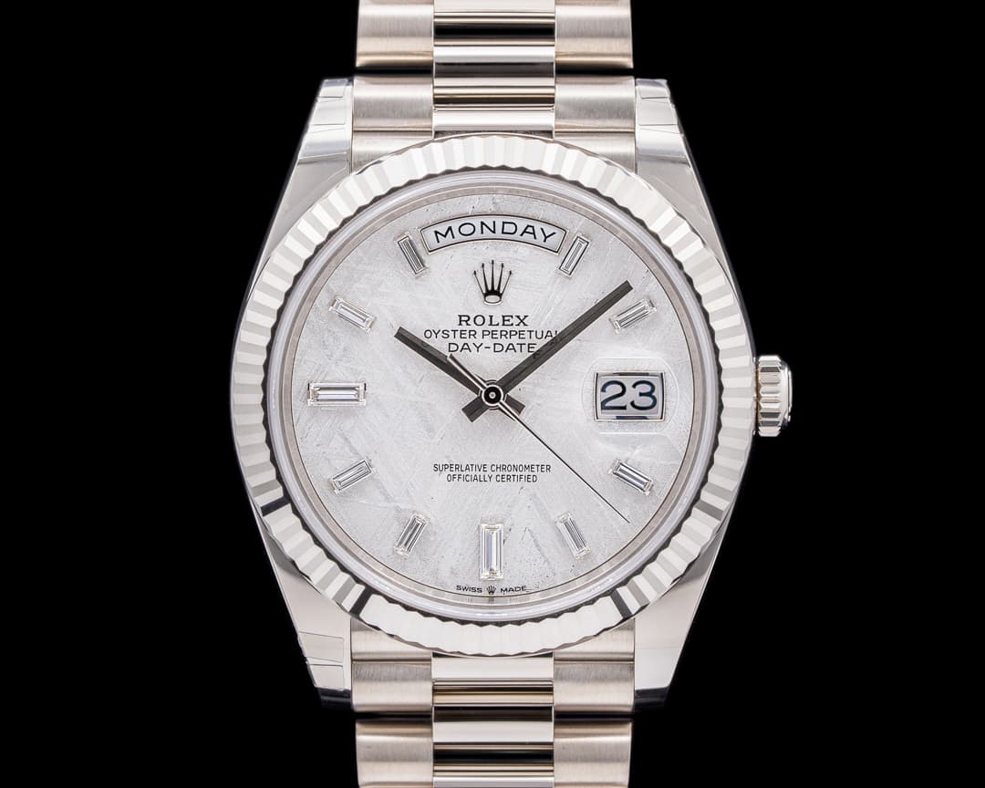 Rolex Day Date 228239 President 18K White Gold Meteorite Baguette Dial UNWORN 