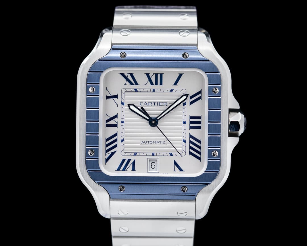Cartier Santos Large SS / SS White Dial Blue Bezel Automatic 