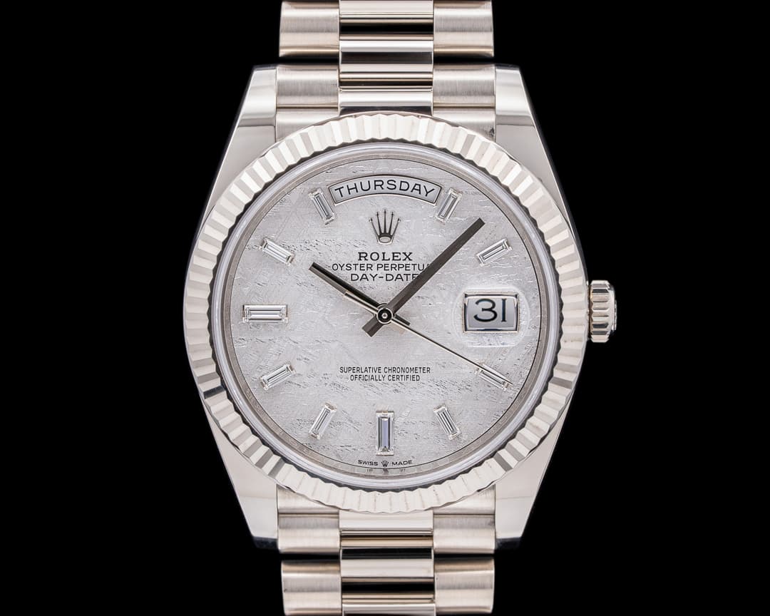 Rolex Day Date 228239 President 18K White Gold Meteorite Baguette Dial