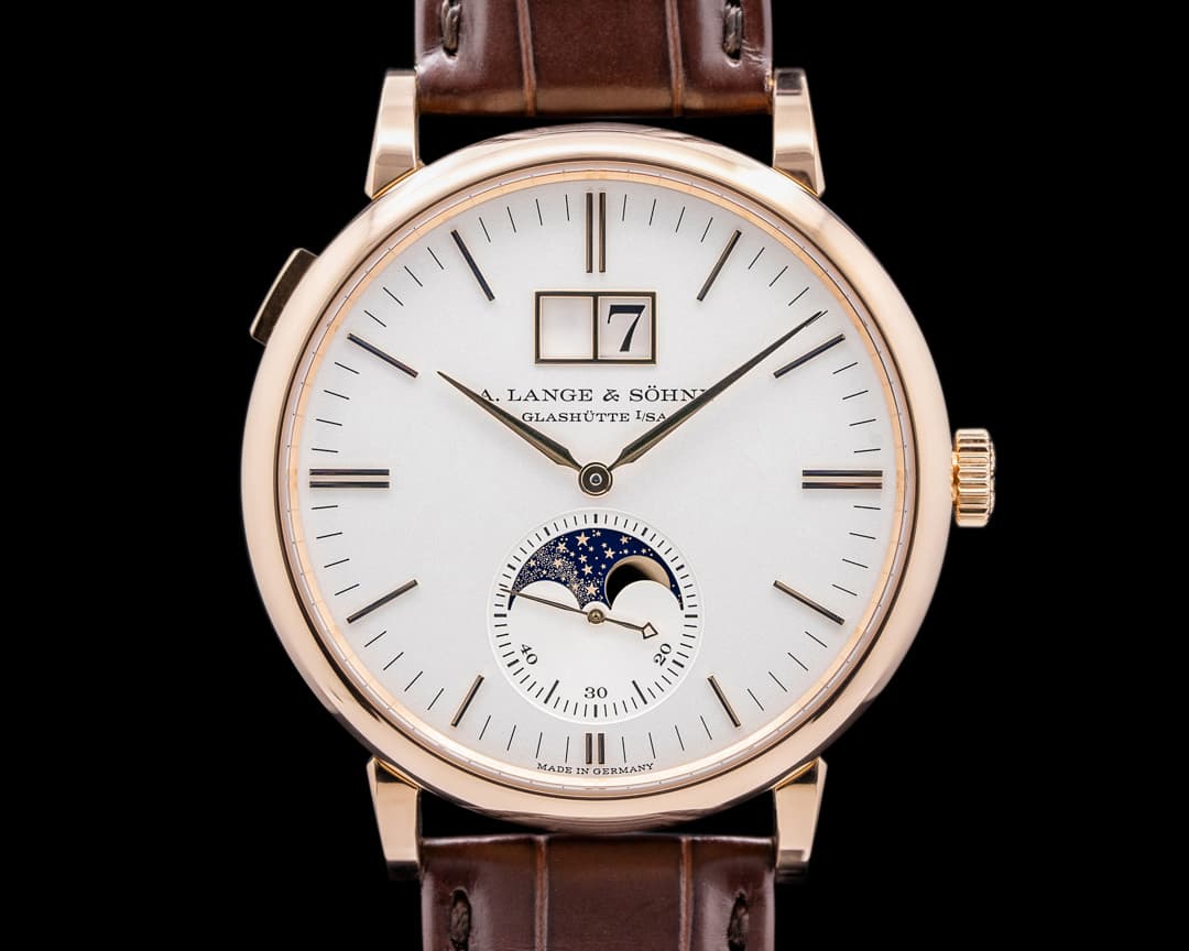 A. Lange and Sohne Saxonia 384.032 Moon Phase Automatik 18K Rose Gold Silver Dial