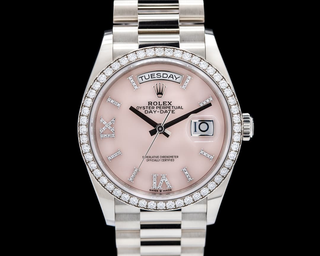 Rolex Day Date President 128349RBR 18K WG / Pink Opal Dial Diamond Bezel 