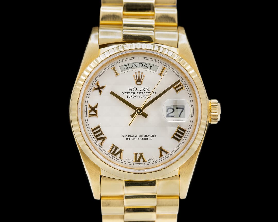Rolex Day Date 18038 White Pyramid Dial 18k YG c. 1986