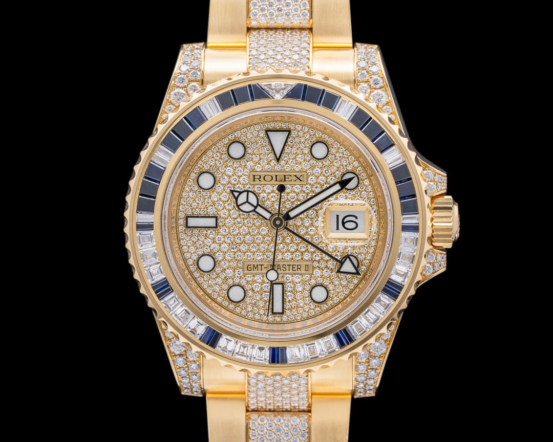 Rolex GMT Master II 116758SA Yellow Gold Pave Dial  / Sapphire Bezel