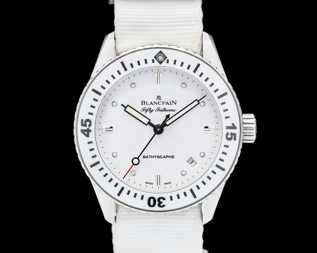 Blancpain Fifty Fathoms Bathyscaphe White Ceramic Bezel 38mm