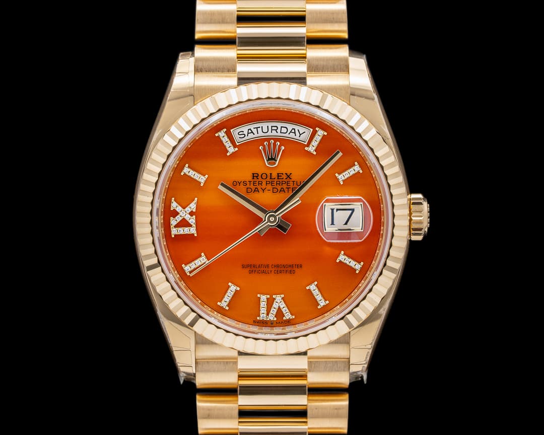 Rolex Day Date President 128238 18K Yellow Gold Carnelian Diamond Dial
