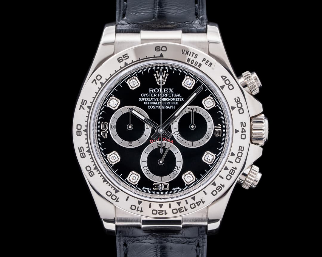 Rolex Daytona 18K White Gold Black Dial with Diamonds / Alligator