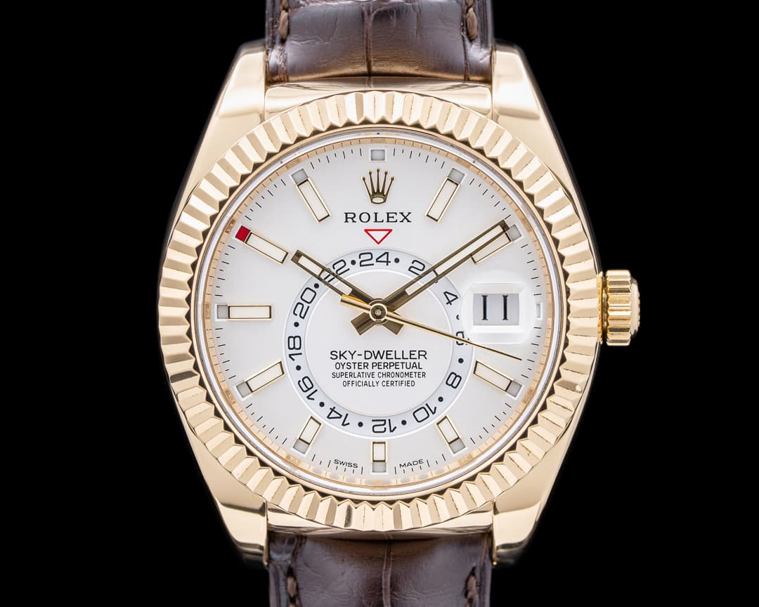 Rolex Sky Dweller Silver Dial 18k Yellow Gold / Alligator
