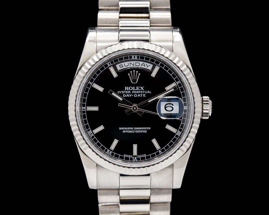 Rolex Day Date President Black Stick Dial 18K WG 36mm