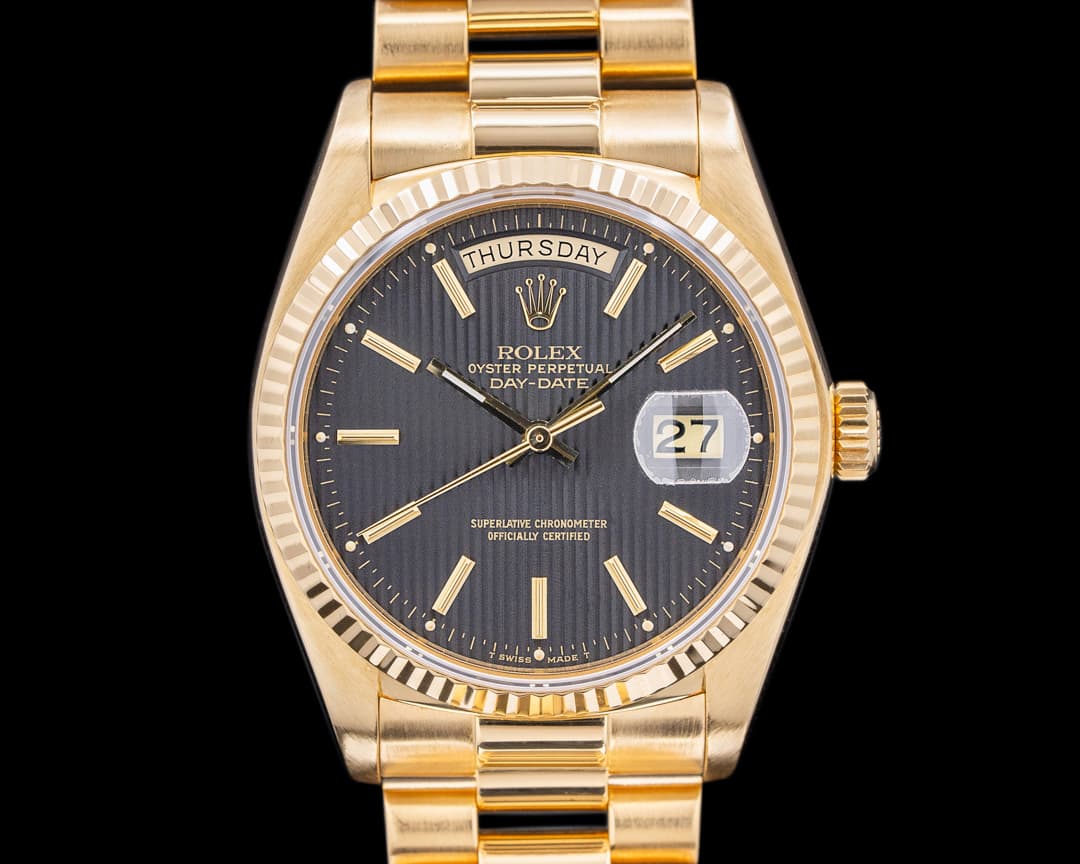 Rolex Day Date 18038 Black Tapestry Dial Yellow Gold c. 1980 Full Set