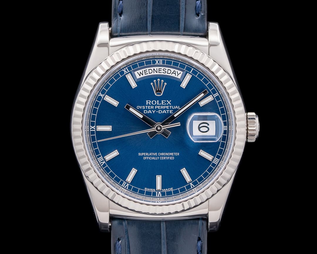 Rolex Day Date 18K White Gold Blue Stick Dial