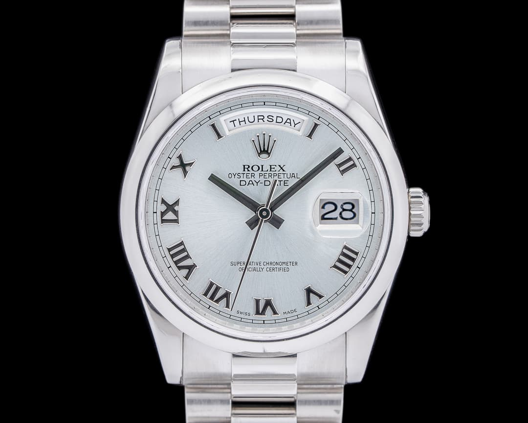 Rolex President 118206 Platinum Glacier Roman Dial