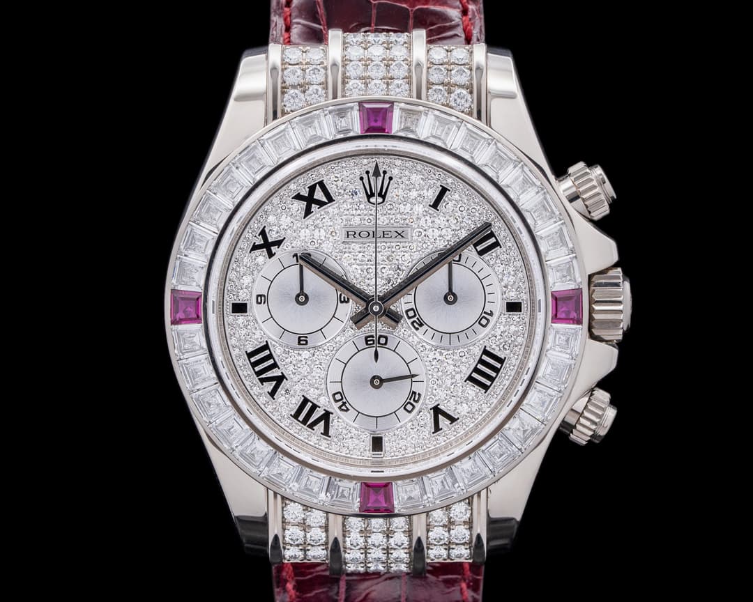 Rolex Daytona 116599 18K WG Pave Dial Baguette Diamond & Ruby Bezel