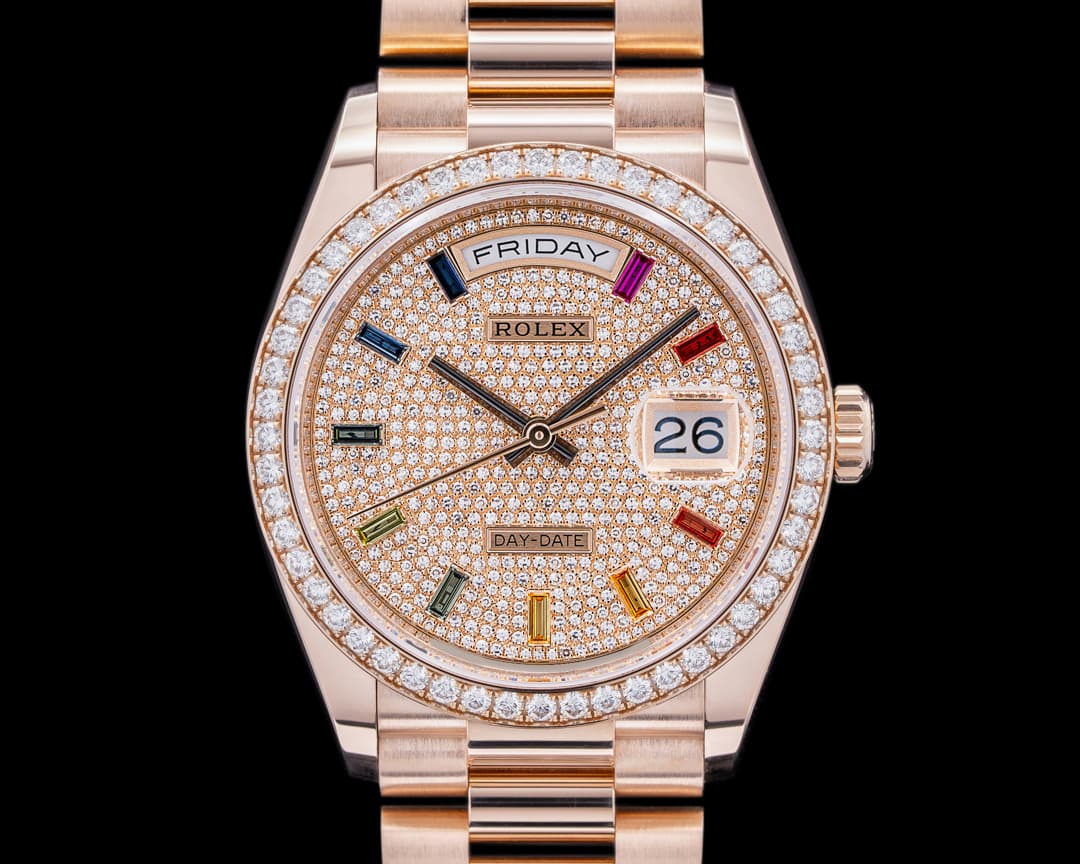 Rolex Day Date President 128345RBR Pave RAINBOW 18k Rose Gold