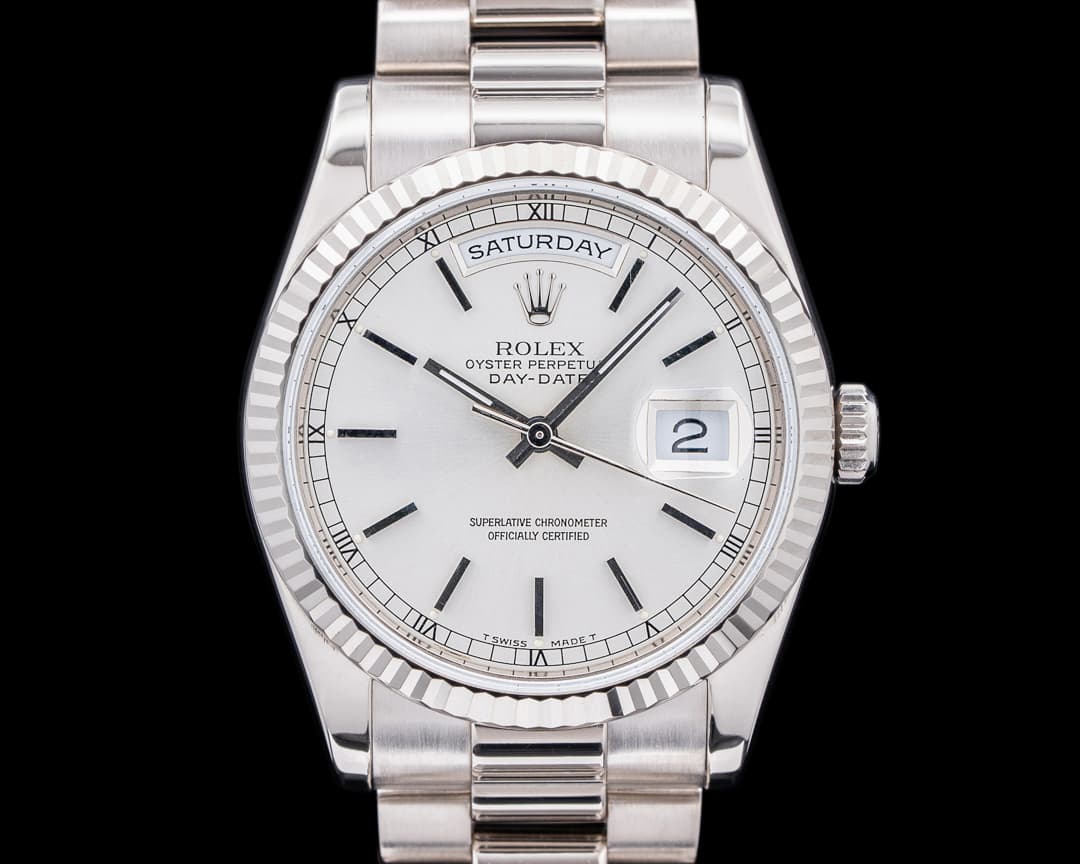 Rolex Day Date President Silver Stick Dial 18K WG 36mm