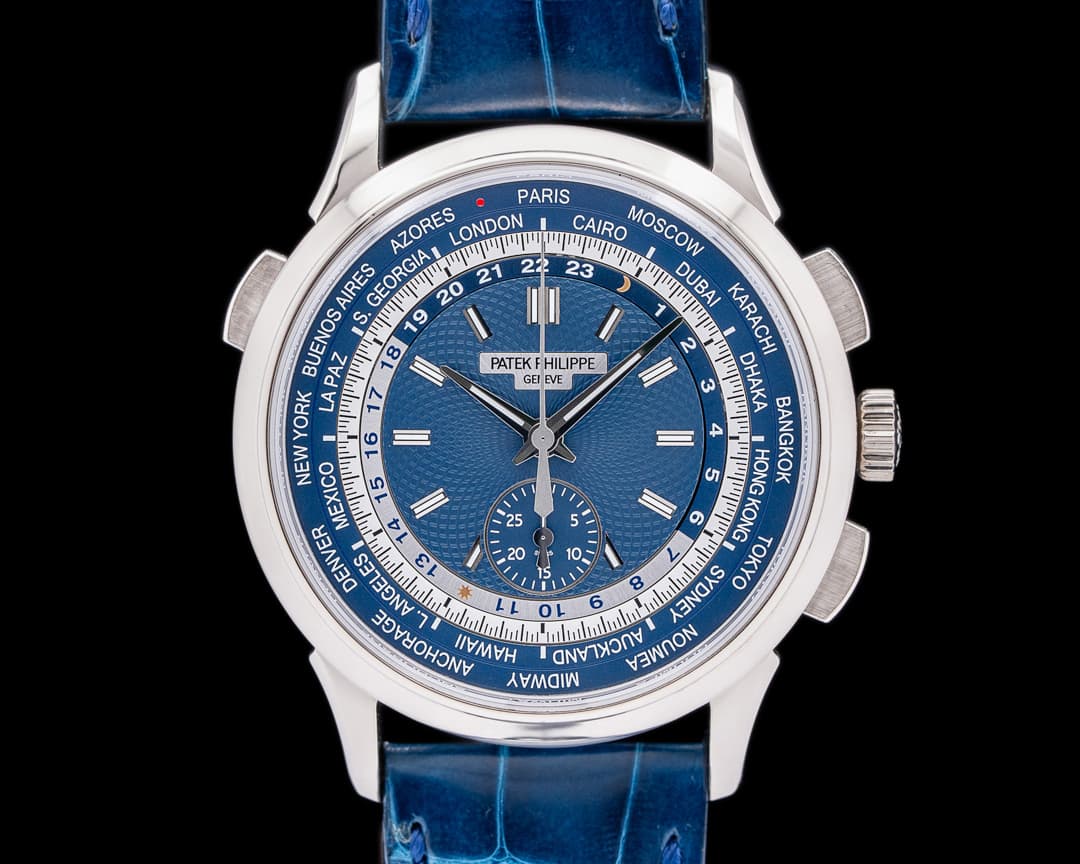 Patek Philippe World Time 5930G Chronograph 18k White Gold Blue Dial