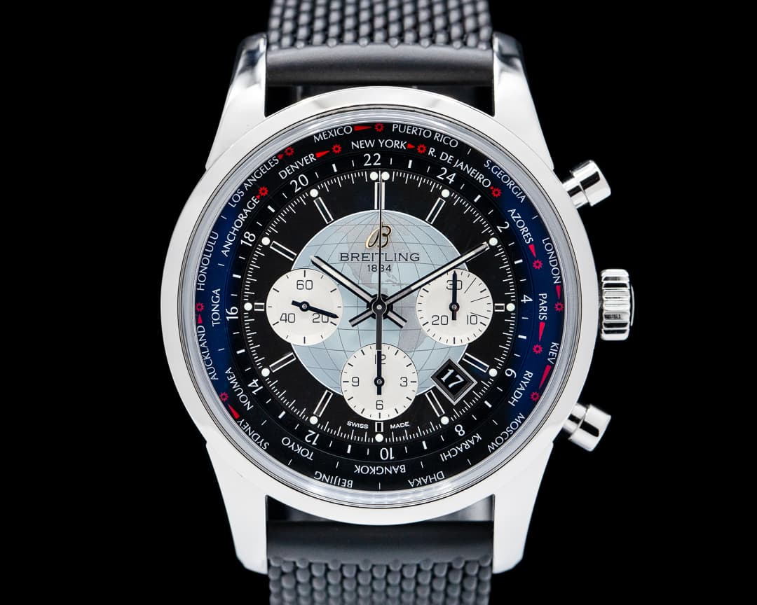 Breitling TransOcean Chronograph Unitime Black Dial SS Rubber