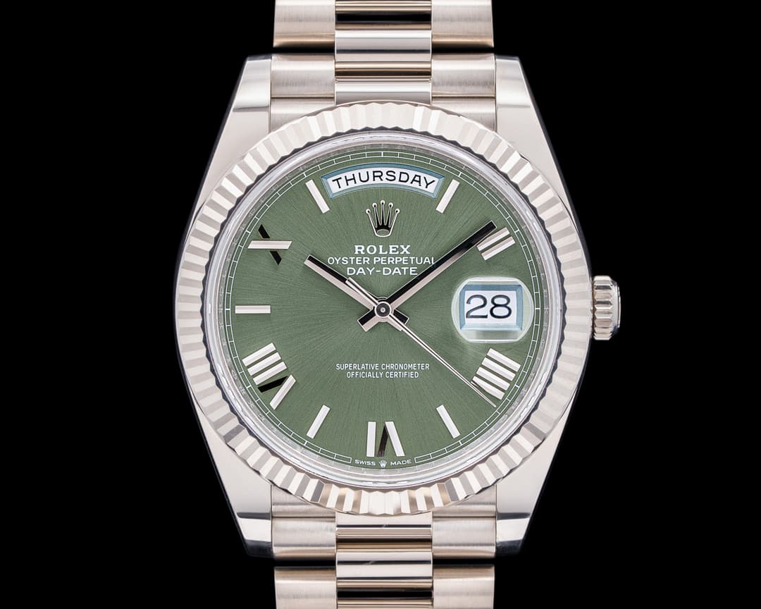 Rolex Day Date 228239 President 18K White Gold Olive Green Dial 40MM
