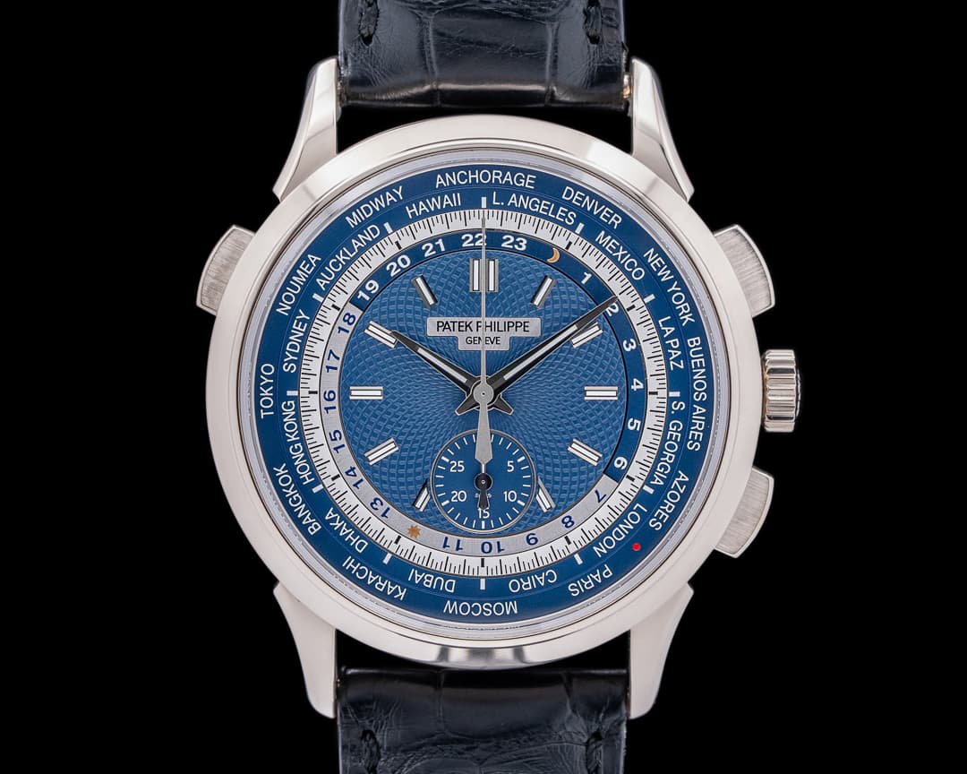 Patek Philippe World Time 5930G Chronograph 18k White Gold Blue Dial