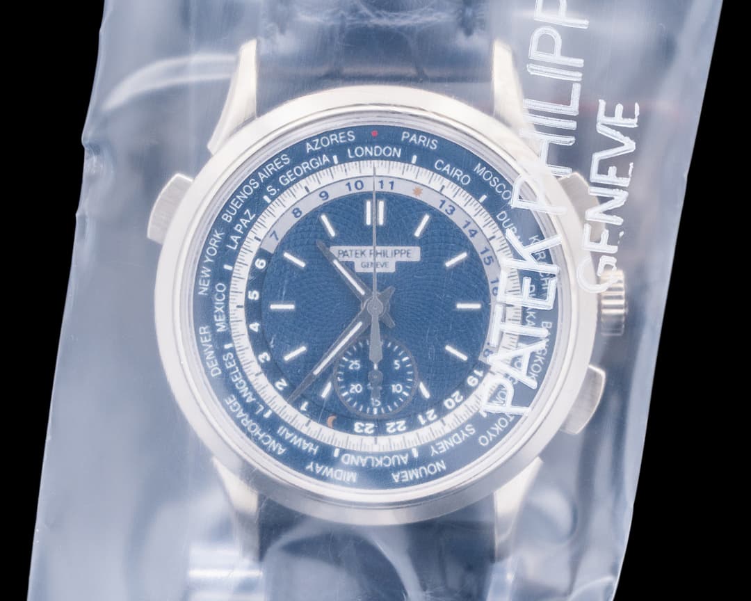 Patek Philippe World Time 5930G Chronograph 18k White Gold Blue Dial