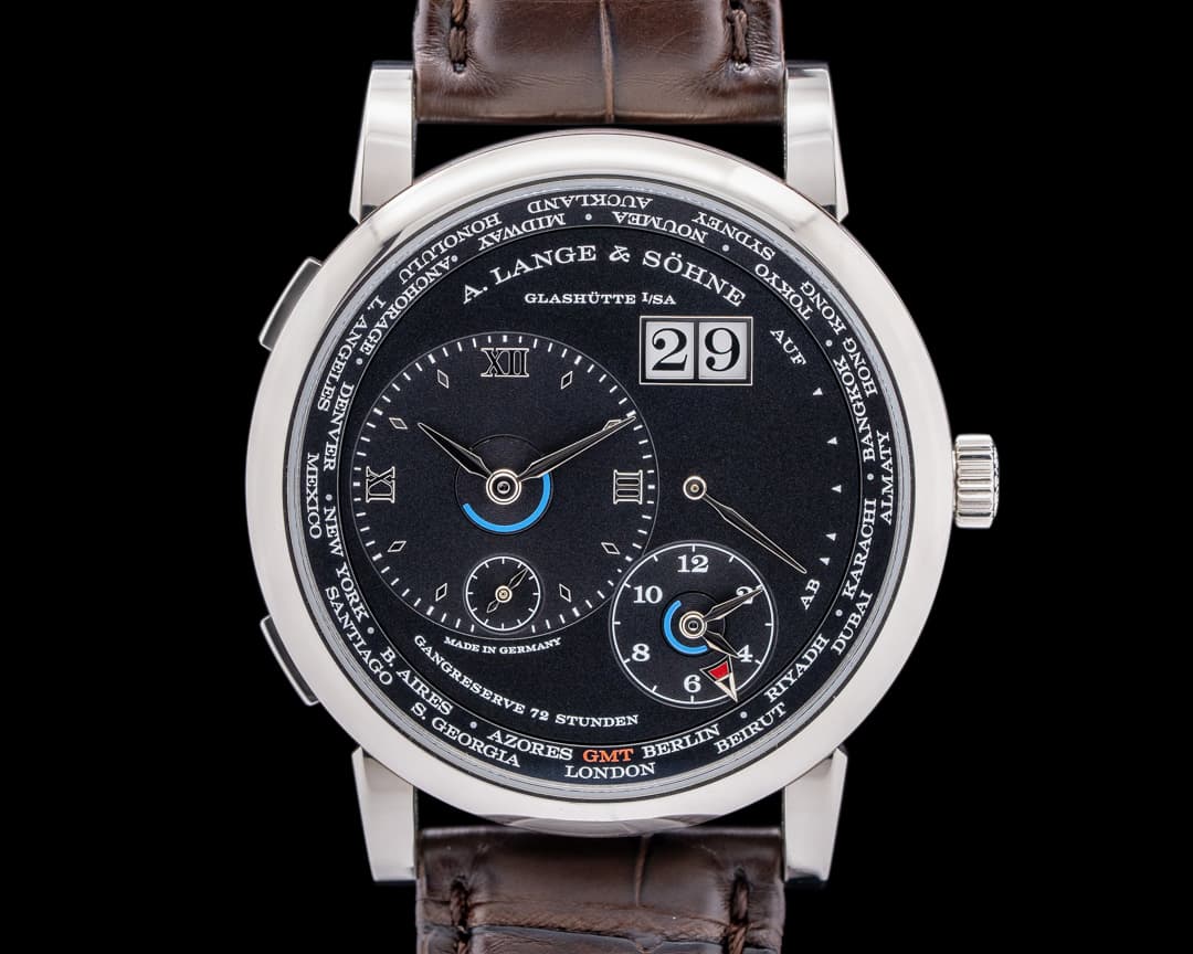 A. Lange and Sohne Lange 1 Time Zone 136.029 18K White Gold Black Dial