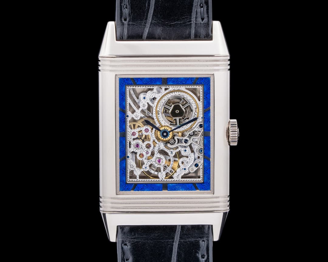 Jaeger LeCoultre Reverso Skeleton Hand Engraved Blue Enamel 18K WG LIMITED