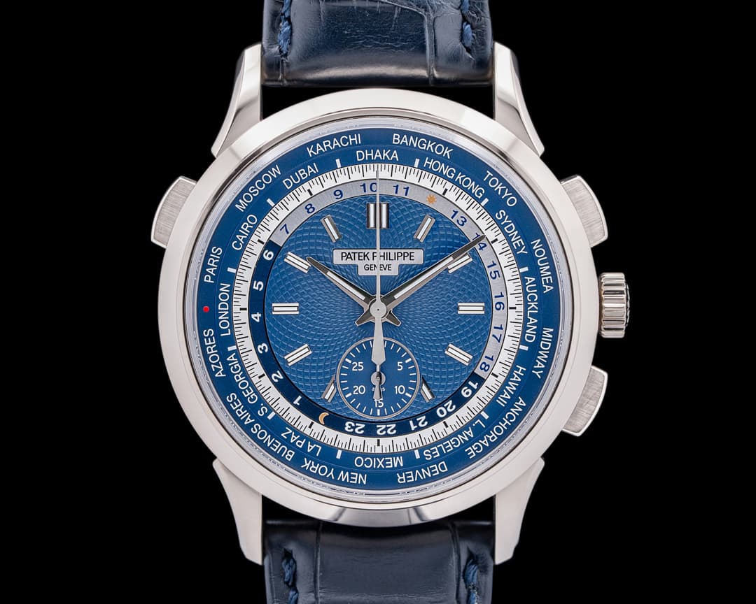 Patek Philippe World Time 5930G Chronograph 18k White Gold Blue Dial