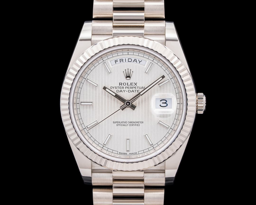 Rolex Day Date 228239 President 18K White Gold Silver TapestryDial