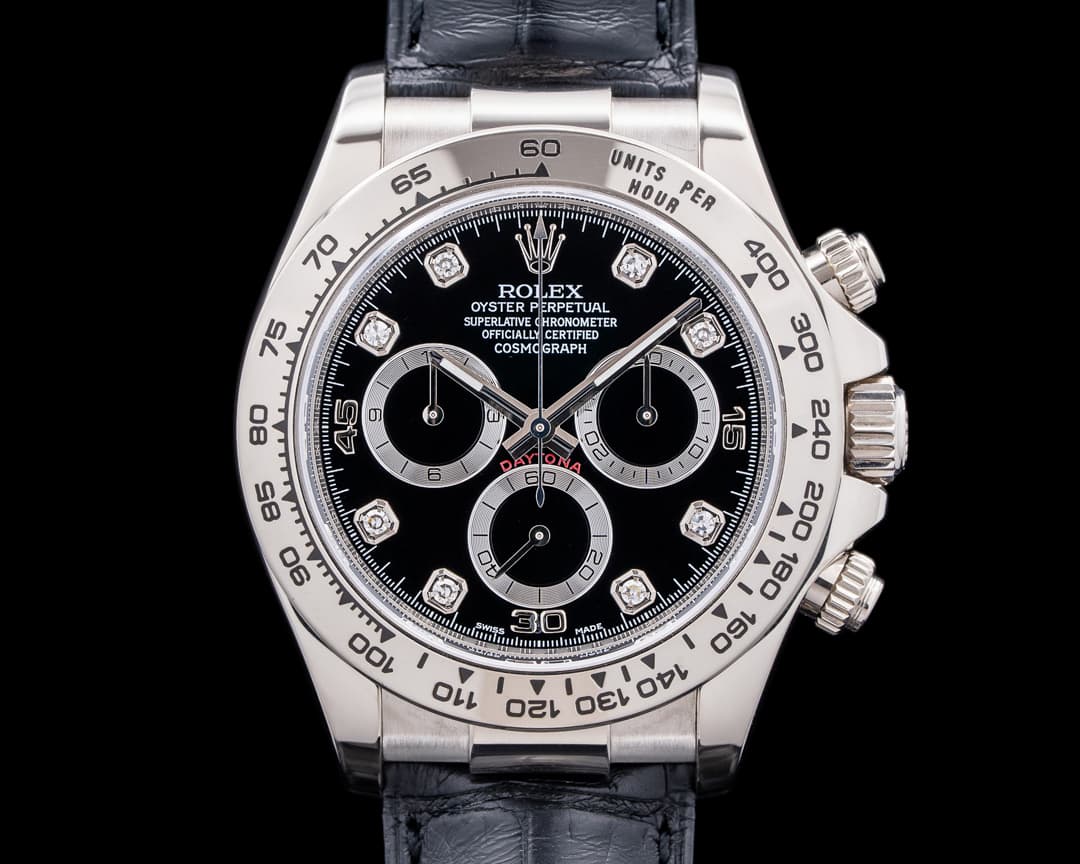 Rolex Cosmograph Daytona 18K White Gold Diamonds Black Dial
