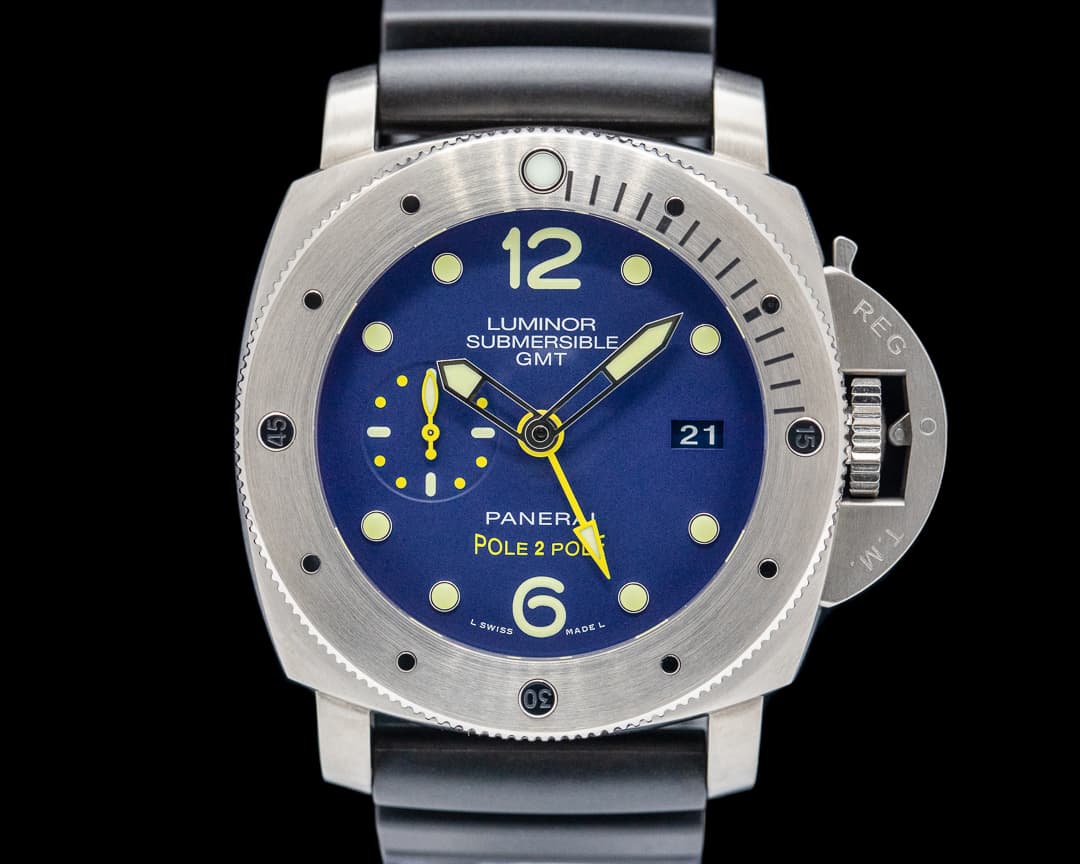 Image of Panerai Luminor Submersible 1950 3 Days GMT Titanium "Pole 2 Pole" Blue Dial