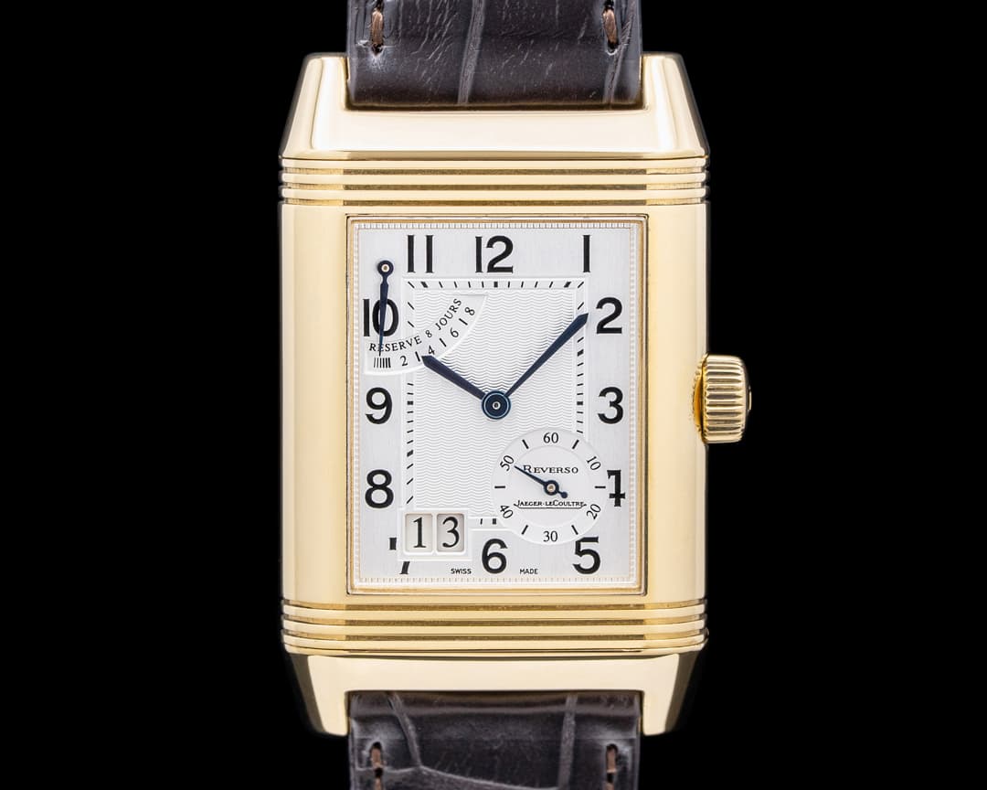 Jaeger LeCoultre Reverso Grande Date 8-Day 18K Yellow Gold Silver Dial