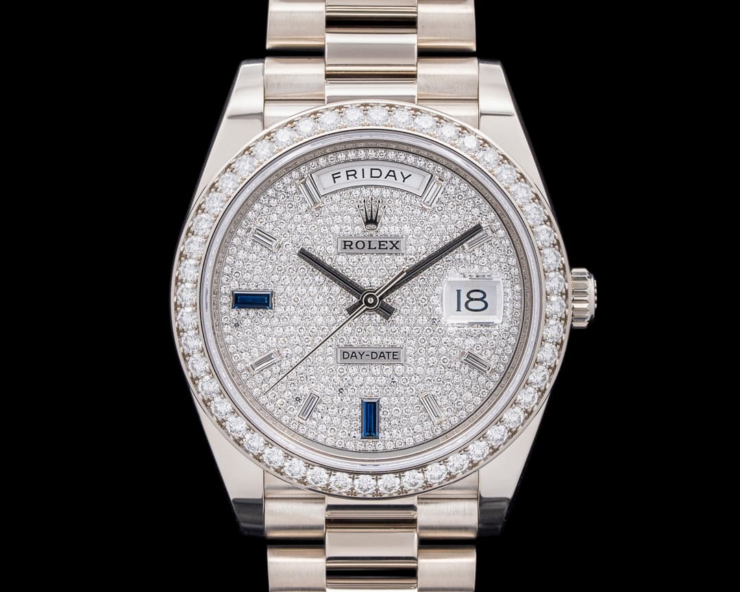 Rolex 228349RBR Day Date President 18K White Gold Pave Baguette Dial